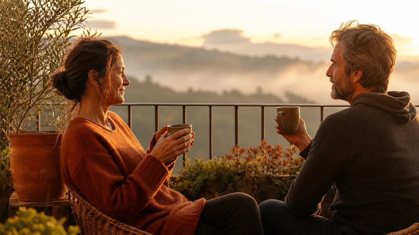 Two adults enjoying morning coffee on a terrace after a gentle walk