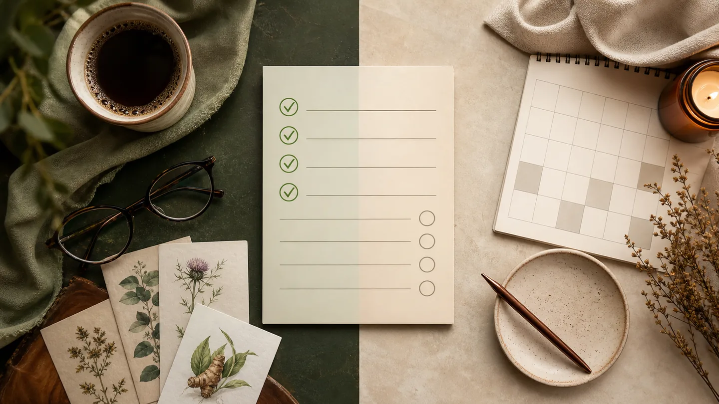 Coffee buyer desk with a blank checklist, calendar, glasses and botanical reference cards