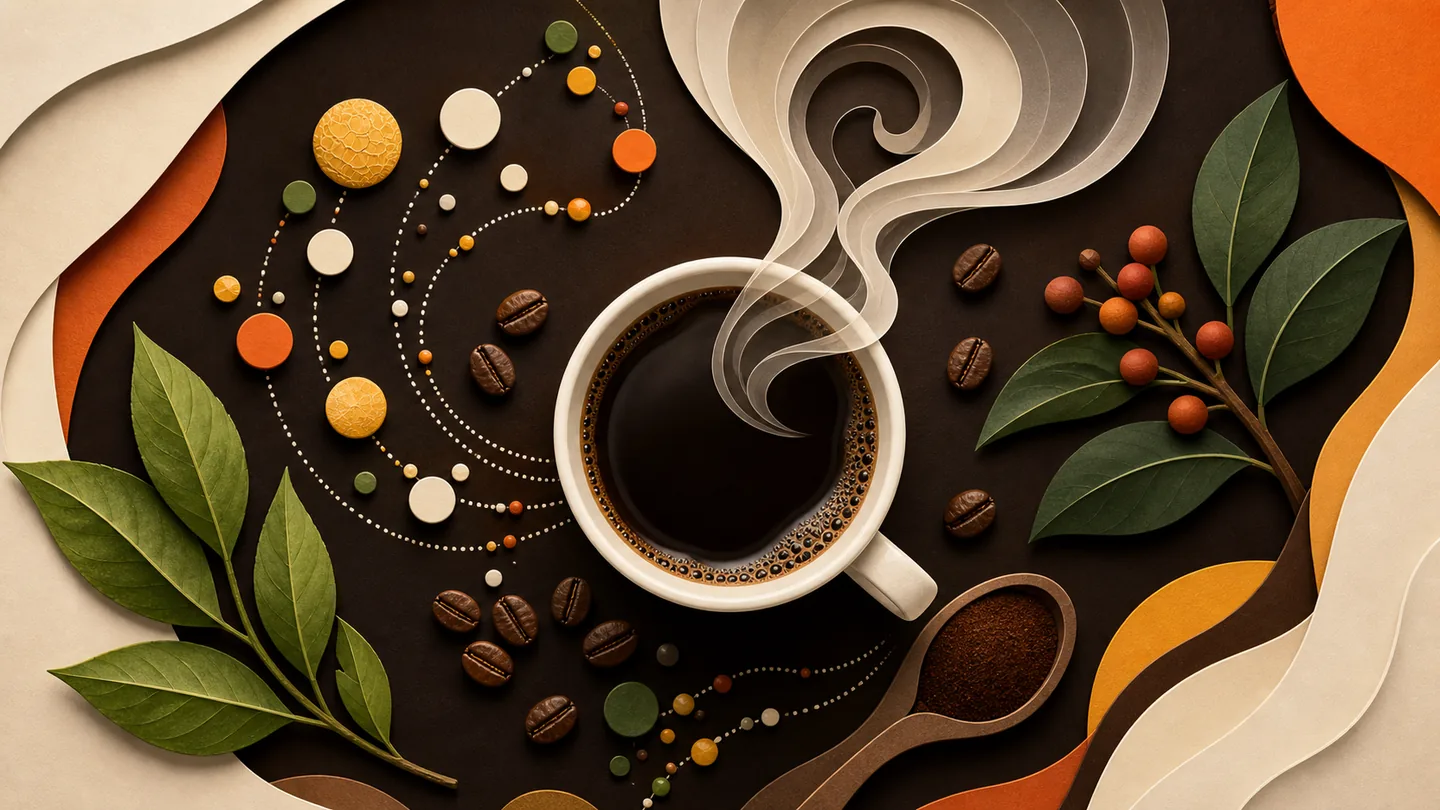 Conceptual coffee cup illustration with botanical leaves, coffee beans and abstract nutrient shapes