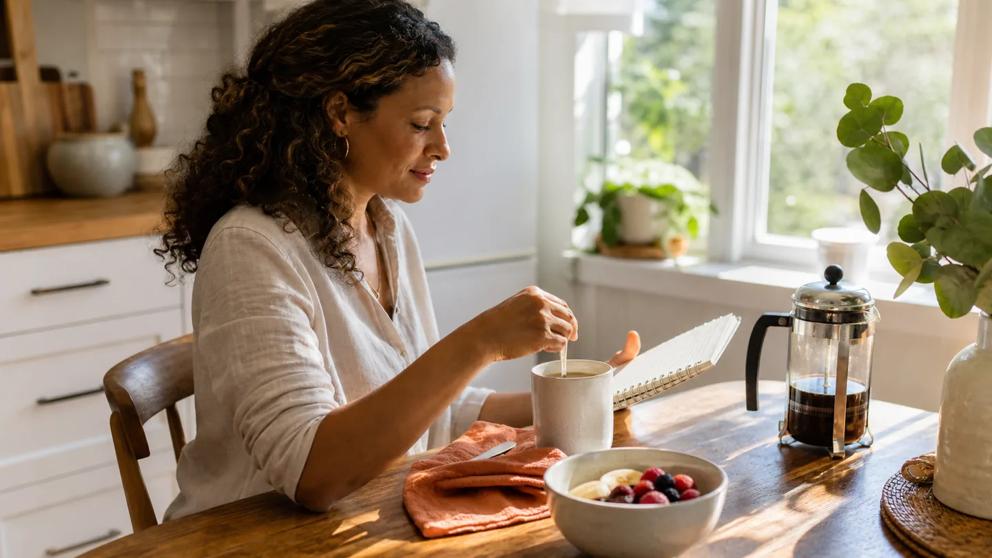 Adult stirring morning coffee while reviewing a wellness checklist at a sunlit kitchen table